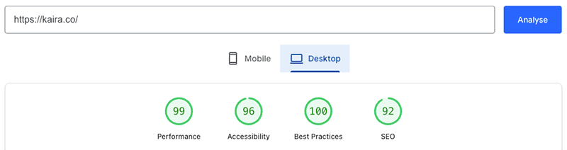 Kaira.co PageSpeed results
