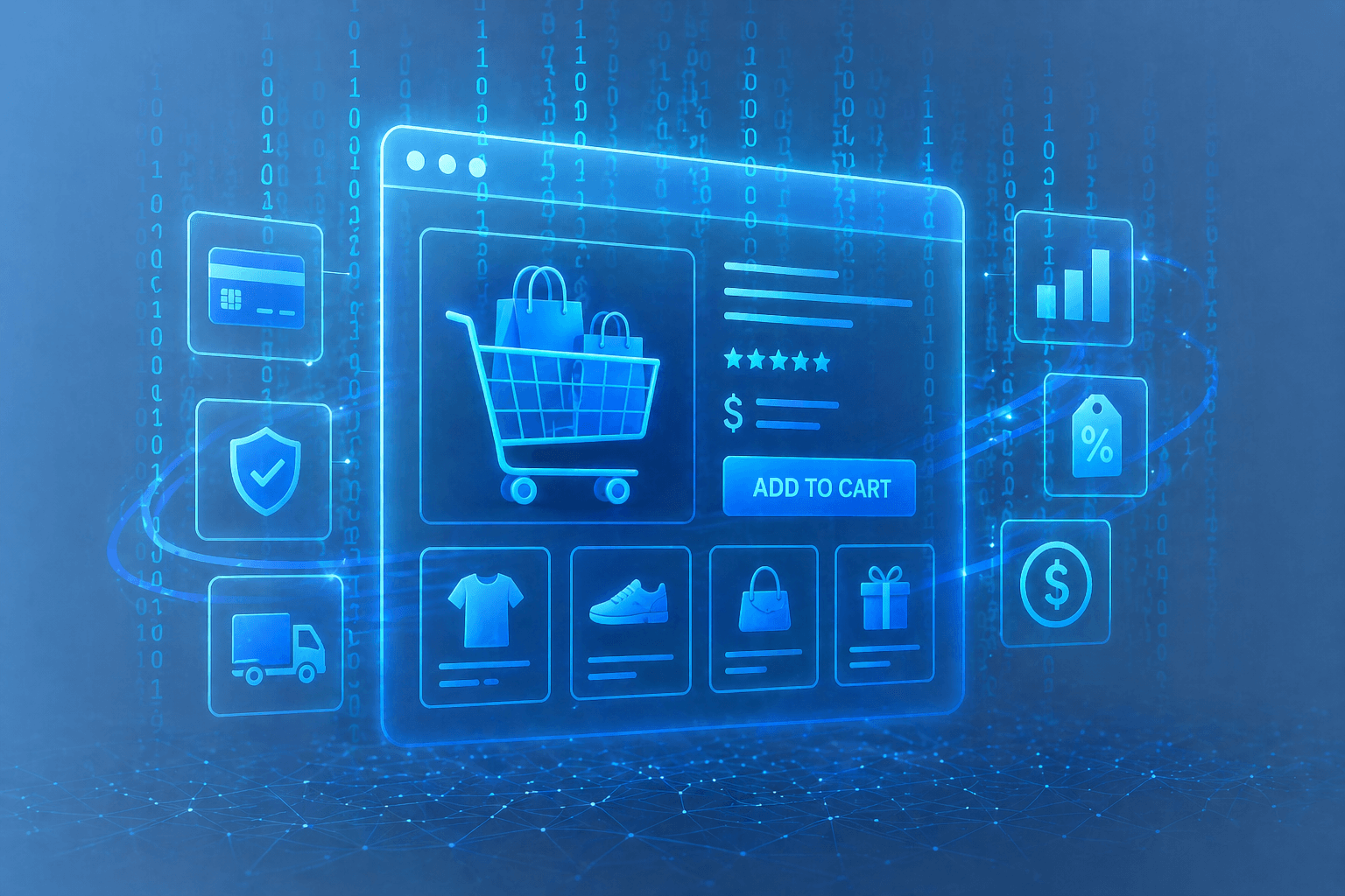 Futuristic online store interface with shopping cart and product listings representing eCommerce website solutions