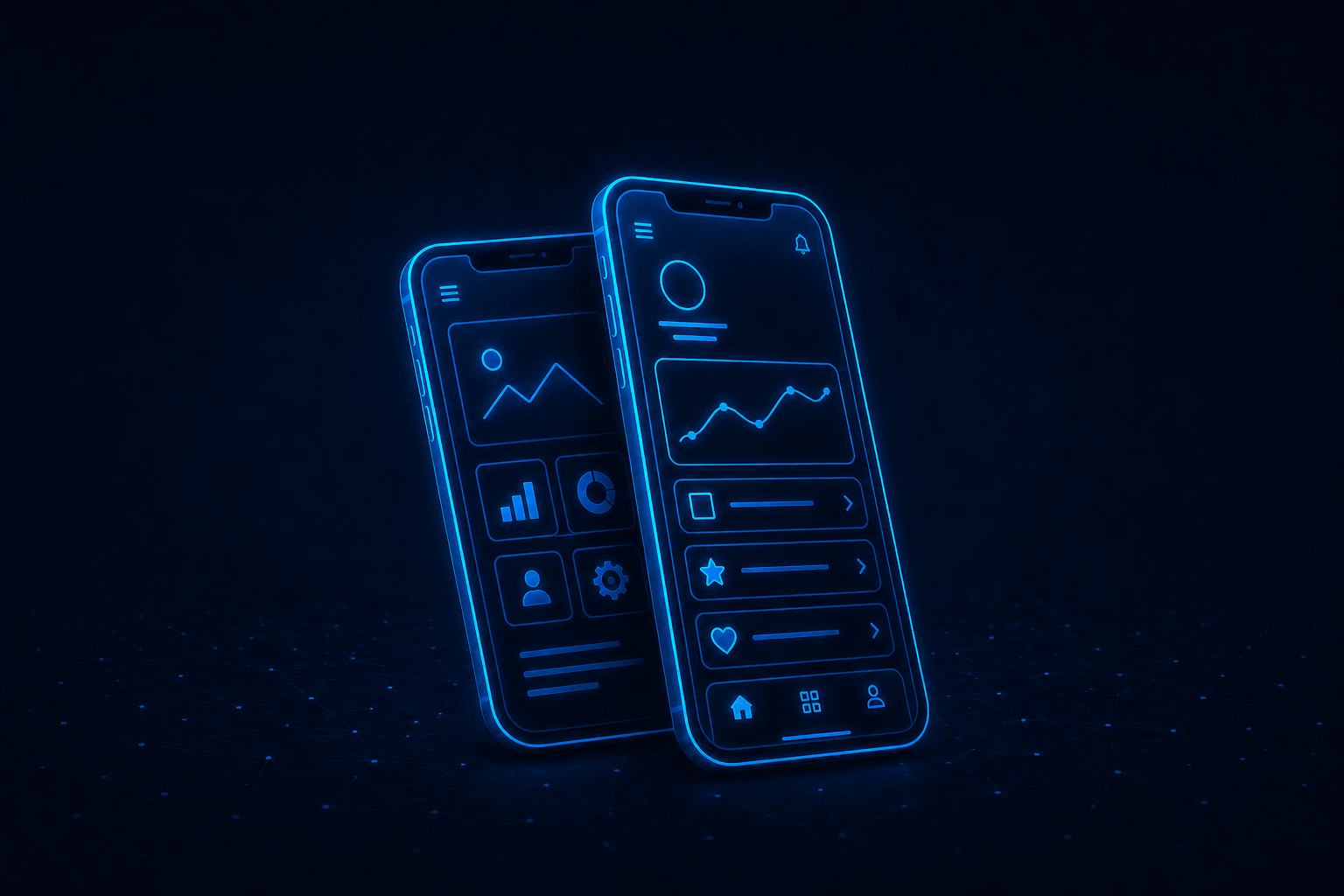 Two modern smartphones displaying mobile app interfaces representing mobile development