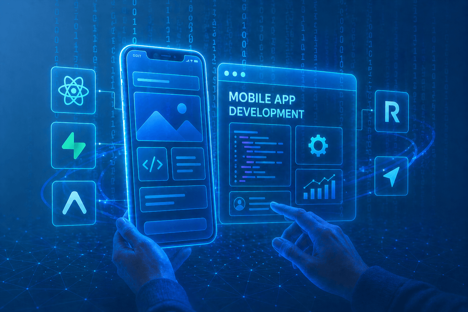 Mobile app development interface displayed on a smartphone with code and application components