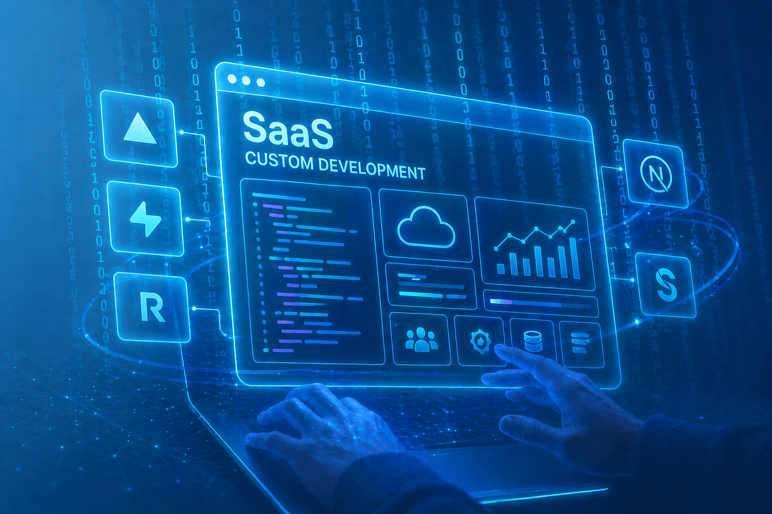 Custom SaaS platform dashboard with cloud services, analytics and development tools in a futuristic interface