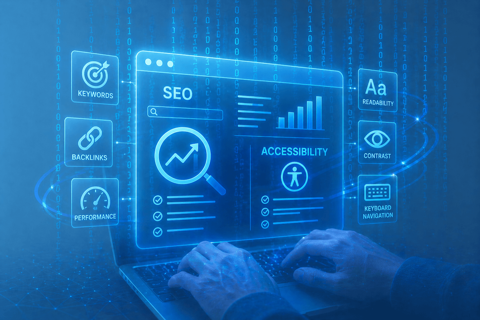 Website optimization dashboard showing SEO analytics and accessibility improvements for better user experience