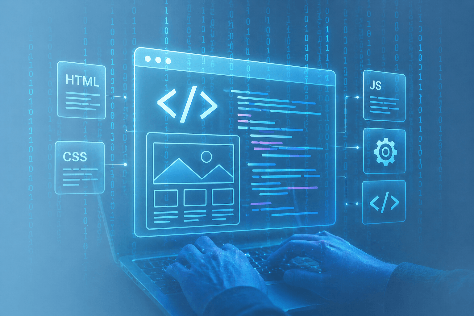 Developer typing on a laptop with holographic HTML, CSS and JavaScript interface elements representing modern web development
