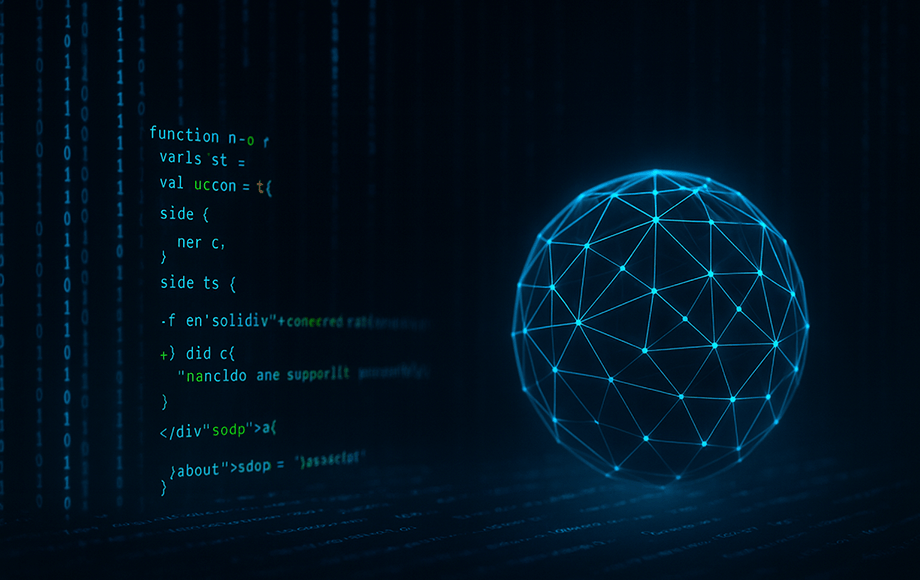 Abstract digital globe network with programming code representing web development and software engineering
