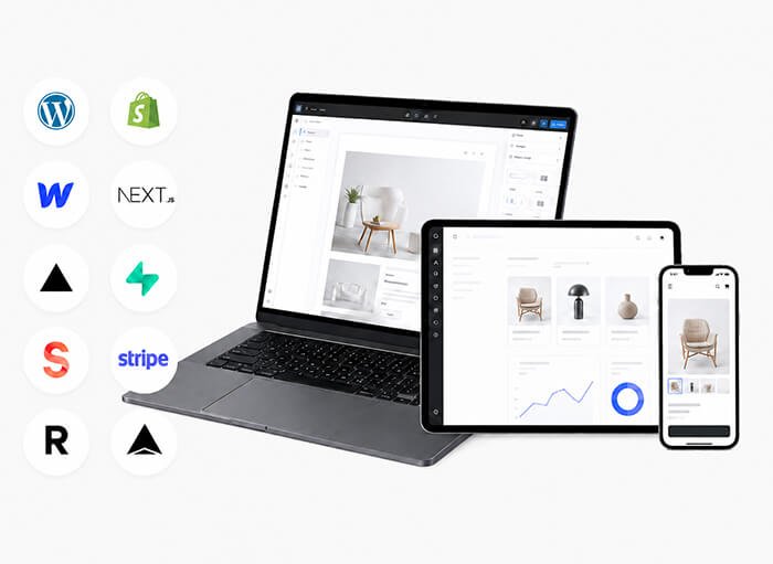 Laptop, tablet and mobile with an online store and logos of web development platforms