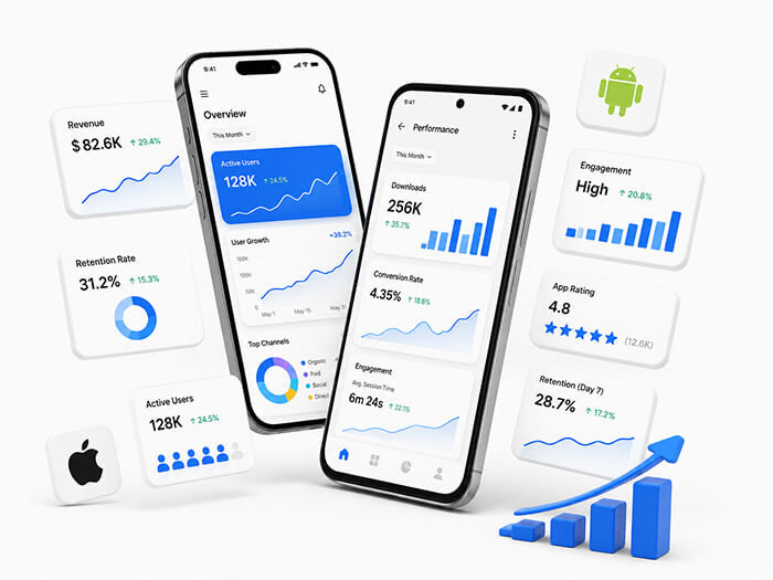 mobile app development and statistics showing around it