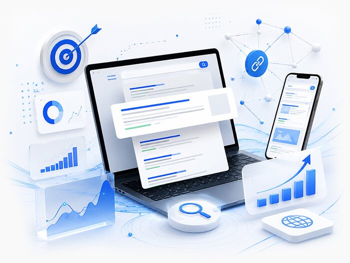 A laptop with SEO statistics popping out and floating around the screen
