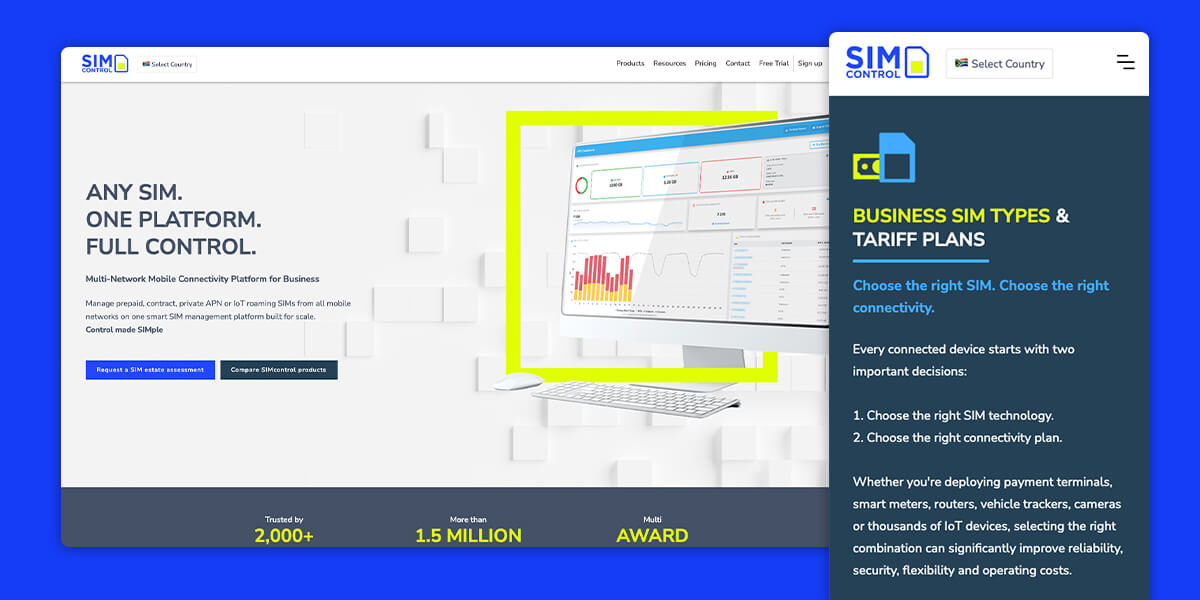 Image showing simcontrol website on desktop and a mobile version