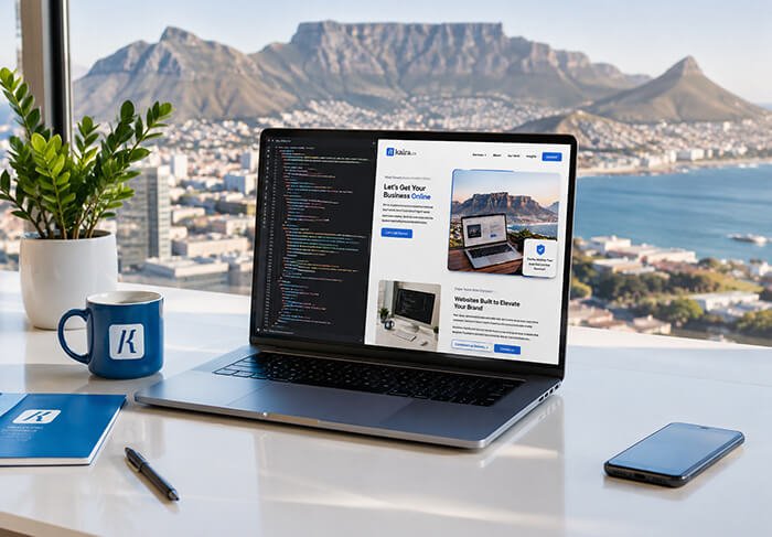 Web development Services image showing a website with code with a view of Cape Town in the background